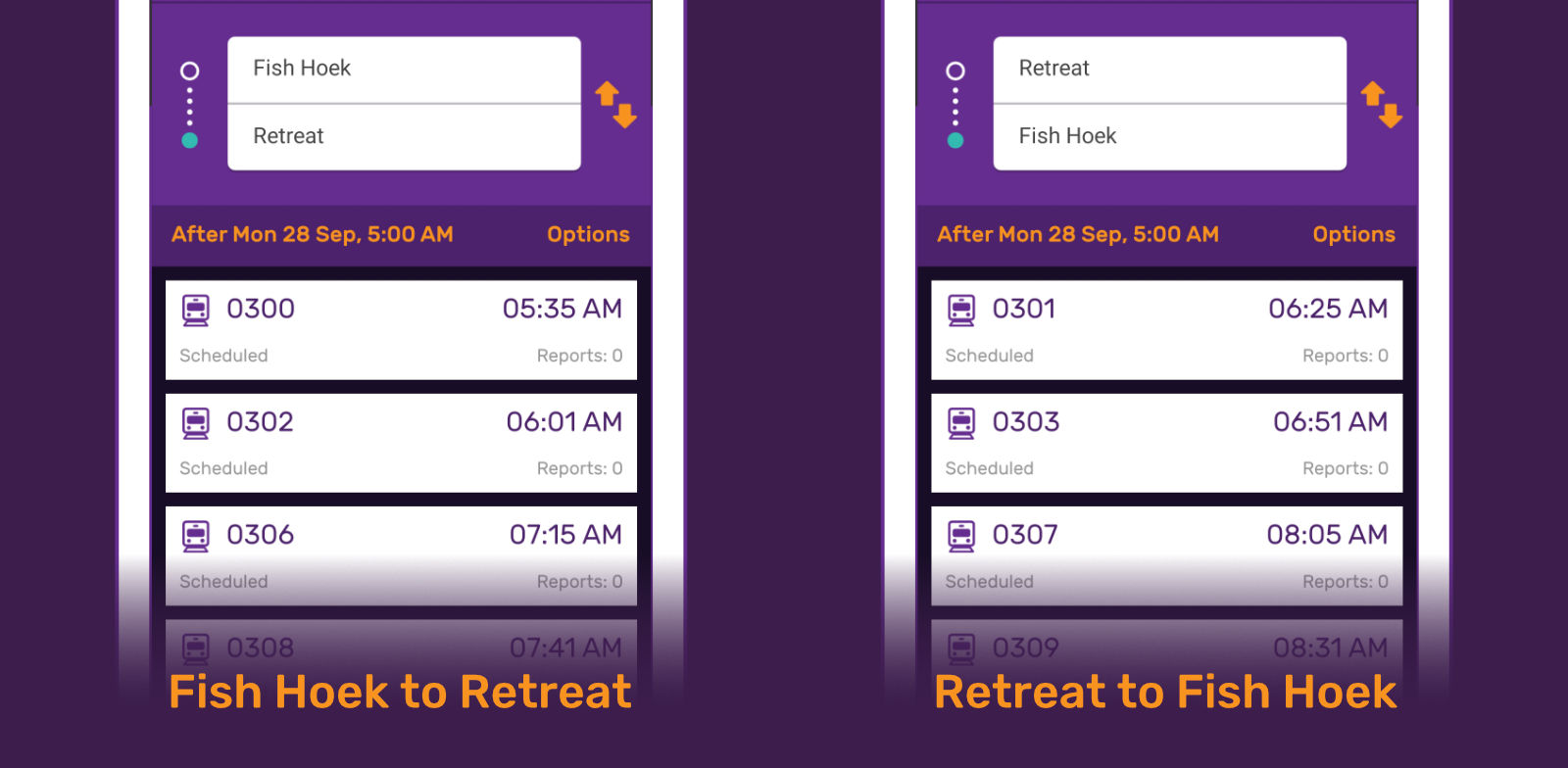 Retreat to Fish Hoek Timetables Covid-19 Limited Service Inbound and Outbound 2020