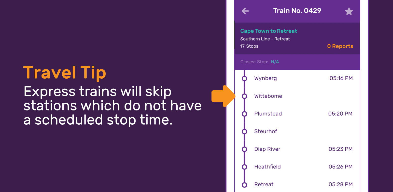 Express trains on the Cape Town Southern Line are visible with the Wizzherd app.